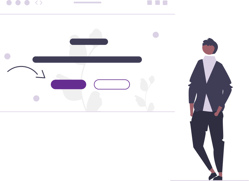 Person standing next to abstract marketing layout with buttons.