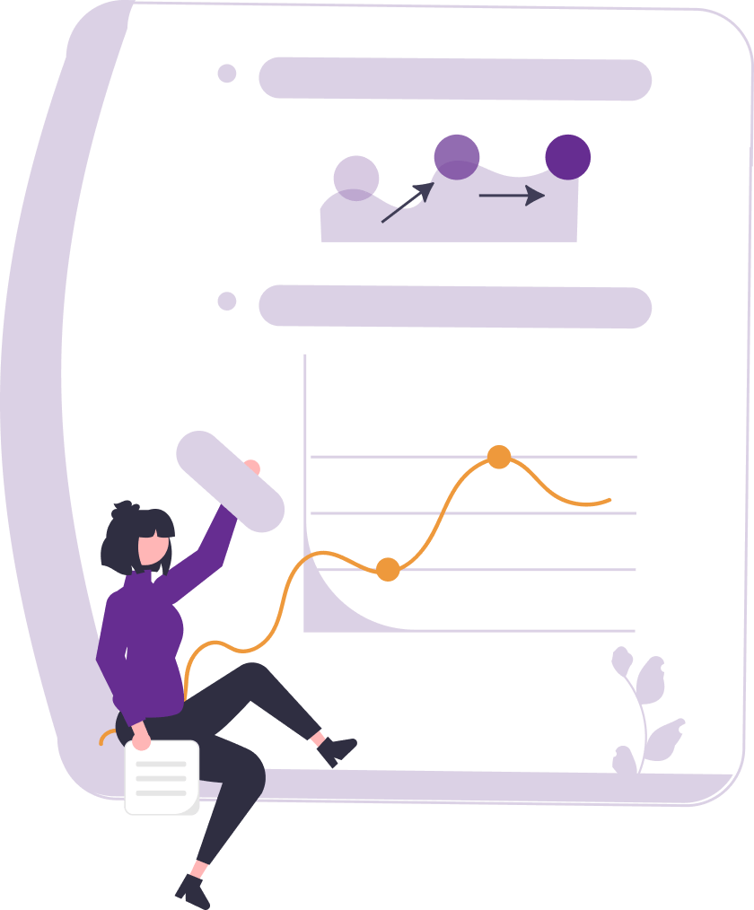 illustration of a person sitting on an oversized document with charts and graphs