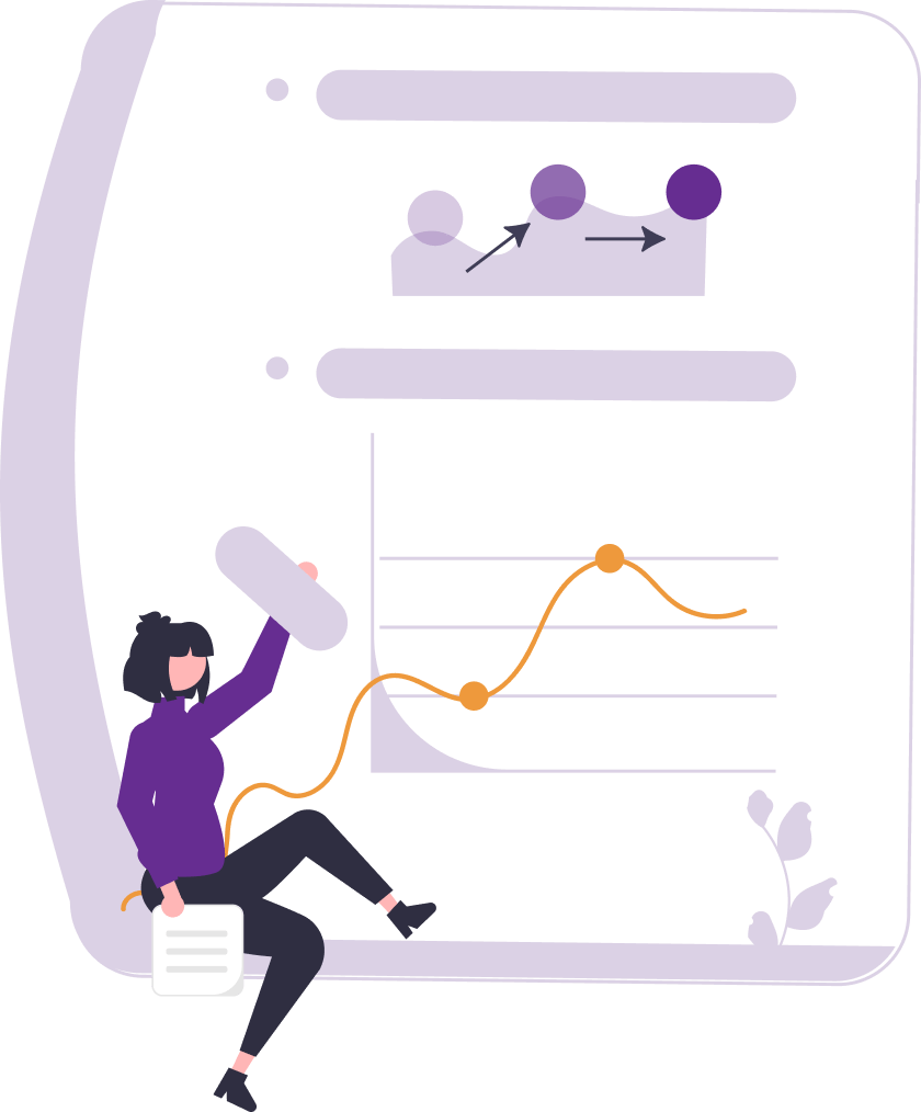 illustration of a person sitting on an oversized document with charts and graphs